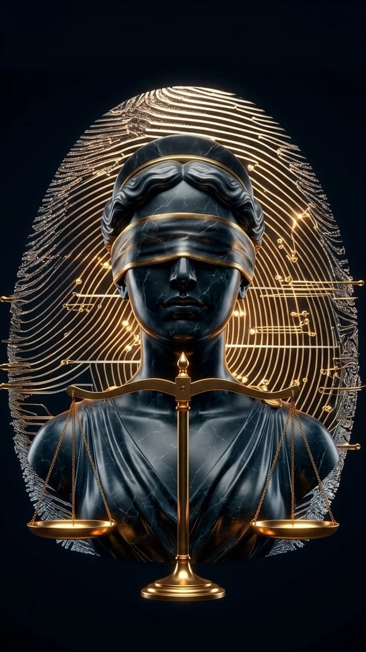 Estatua de la Justicia sobre huella dactilar dorada (vertical)