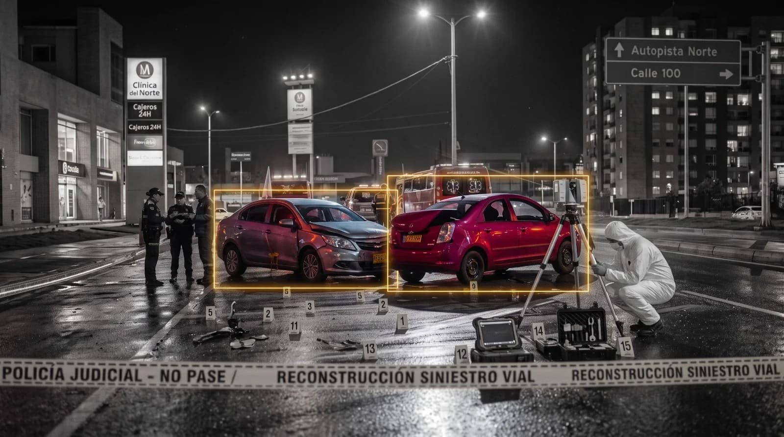 Escena nocturna de siniestro vial acordonada con peritos en traje de protección